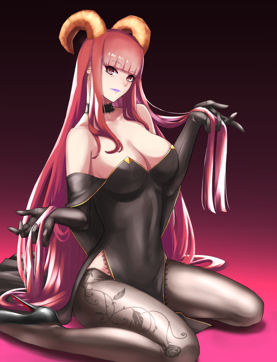 1girl, black_background, black_choker, black_dress, black_gloves, black_shoes, blunt_bangs, breasts