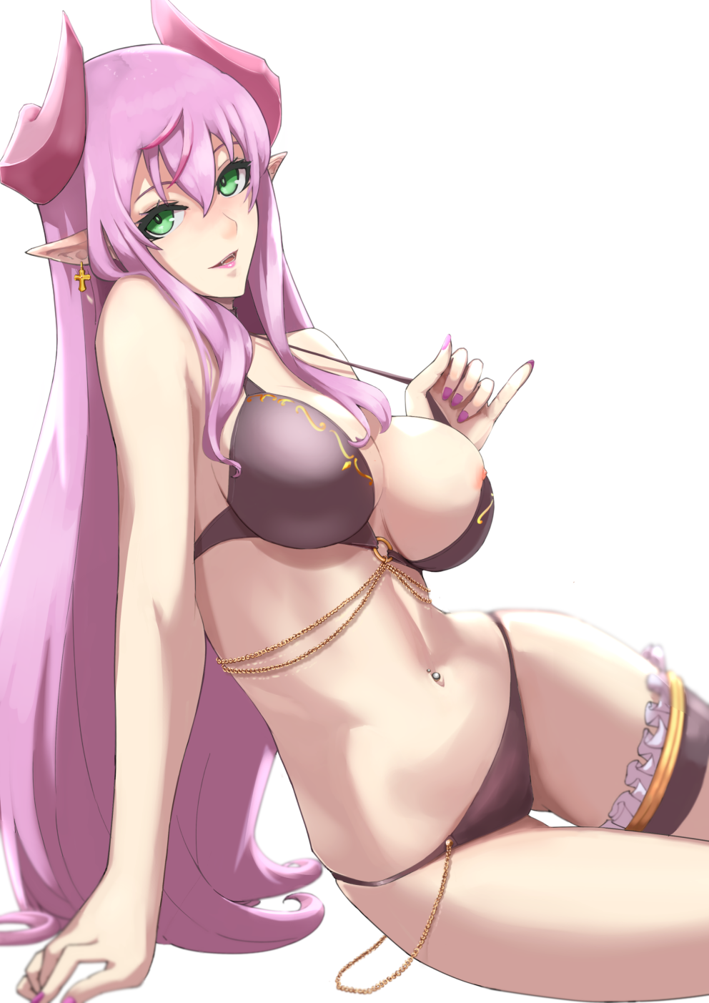 1girl, :d, areola_slip, bare_arms, bikini, black_bikini, breasts, cleavage