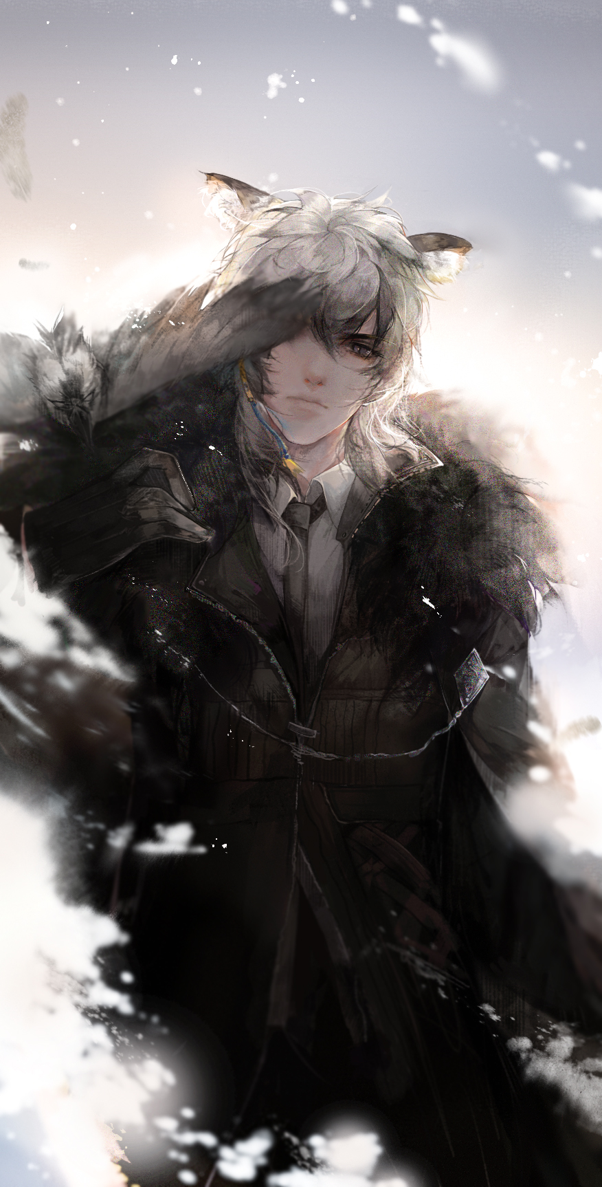 1boy, animal, animal_ears, arknights, bird, black_coat, black_eyes, black_gloves