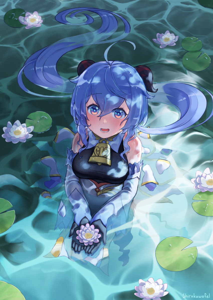 1girl, ahoge, bare_shoulders, bell, black_gloves, blue_hair, blush, breasts