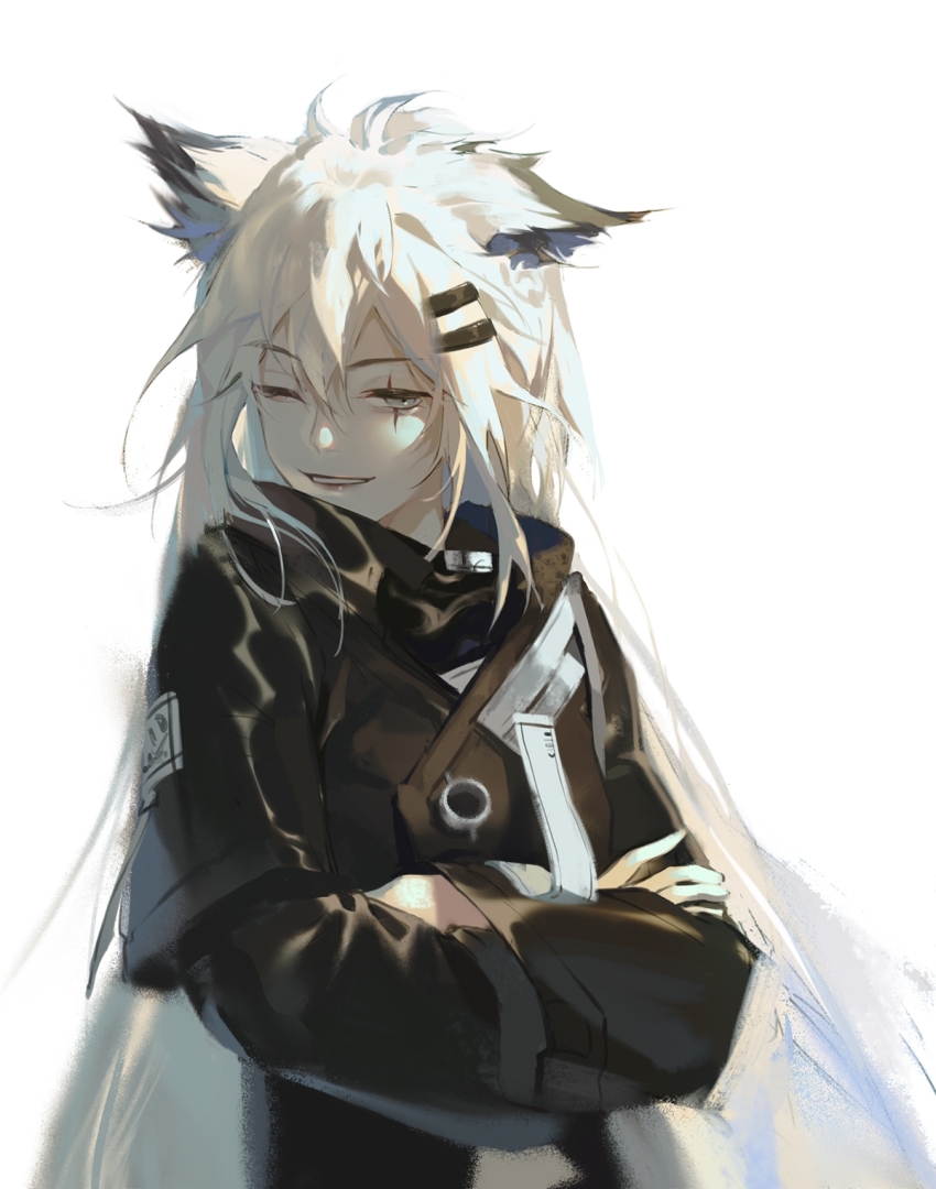 1girl, animal_ear_fluff, animal_ears, arknights, black_jacket, crossed_arms, grey_eyes, hair_between_eyes, hair_ornament, hairclip, highres, jacket, lappland_(arknights), layered_sleeves, long_hair, long_sleeves, looking_at_viewer, one_eye_closed, scar, scar_across_eye, scar_on_face, short_over_long_sleeves, short_sleeves, simple_background, smile, solo, turtleneck, upper_body, white_background, wolf_ears, yuanszt-k
