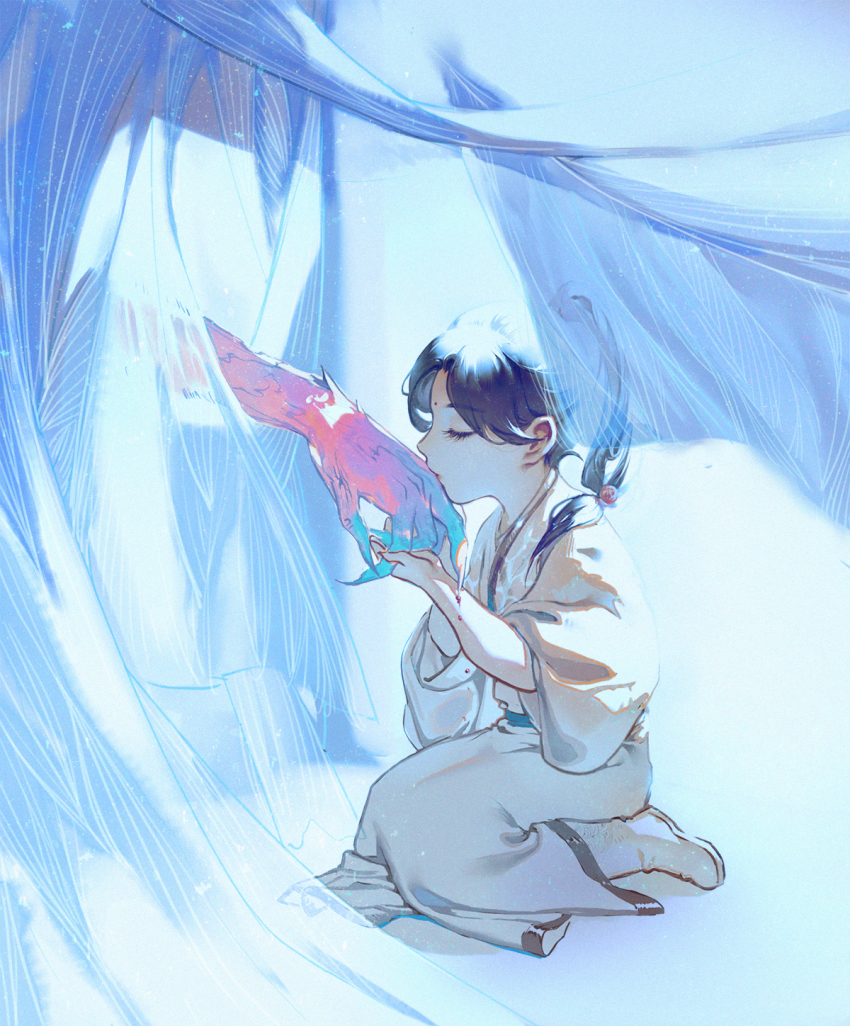 2others, androgynous, aqua_skin, bleeding, blood, blood_on_arm, blue_hair, boots, check_copyright, colored_skin, commentary_request, copyright_request, eyelashes, facial_mark, fingernails, forehead_mark, from_side, glowing, hair_bobbles, hair_ornament, hair_over_shoulder, hands_up, highres, holding_hands, kiss, kissing_hand, light_particles, long_hair, long_sleeves, low-tied_long_hair, monster, multi-tied_hair, multicolored_skin, multiple_others, original, out_of_frame, pink_skin, poking, ponytail, profile, robe, sash, seiza, sharp_fingernails, sitting, size_difference, solo_focus, see-through_hair, white_background, yuanszt-k