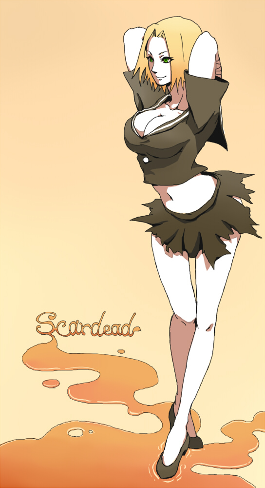 1girl, arms_behind_head, bare_legs, black_sailor_collar, black_shirt, black_shoes, black_skirt, breasts