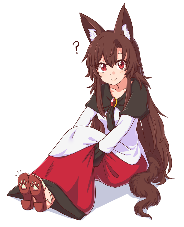 1girl, ?, animal_ears, brooch, brown_hair, dress, hugging_own_legs, imaizumi_kagerou