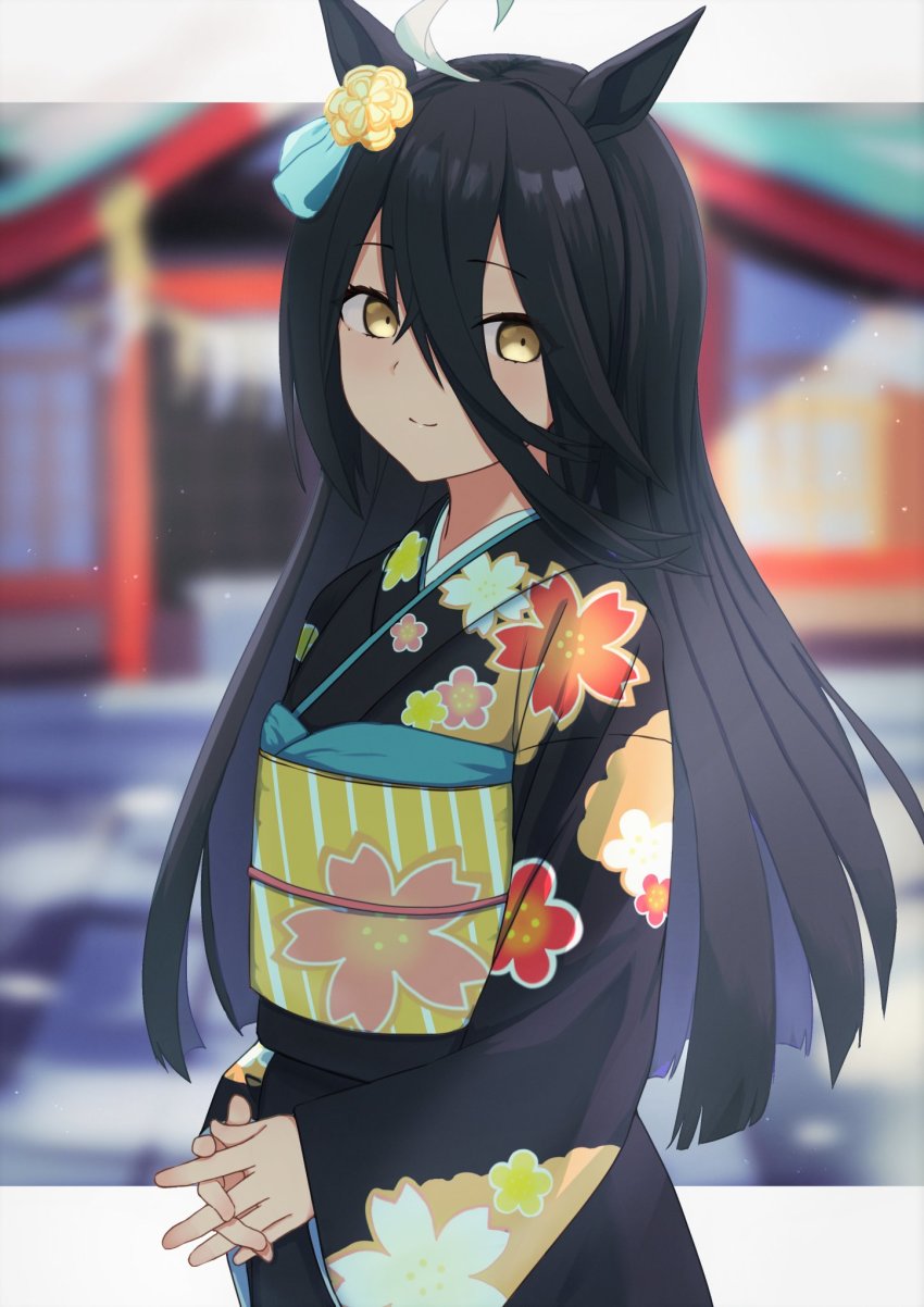 1girl, ahoge, animal_ears, black_hair, black_kimono, blurry, blurry_background, closed_mouth