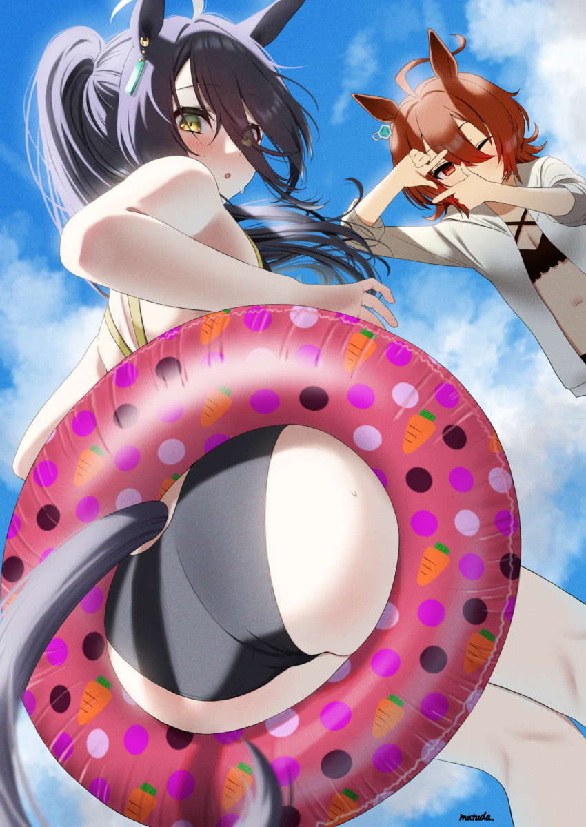 2girls, :o, agnes_tachyon_(umamusume), ahoge, animal_ears, artist_name, ass, bikini