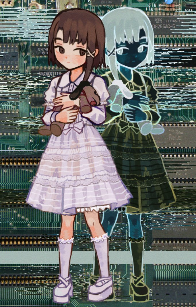 1girl, animal, asymmetrical_hair, bike-chan, brown_eyes, brown_hair, hugging_doll, dress