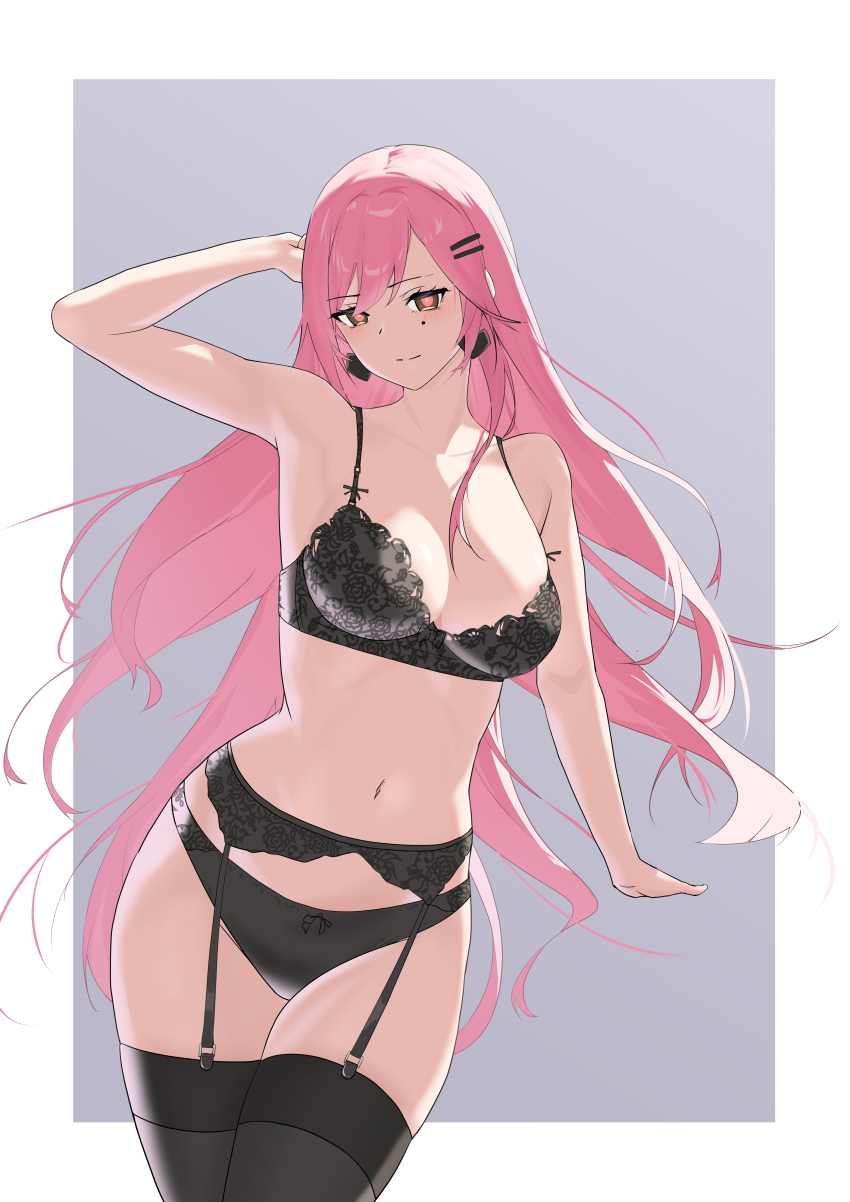 1girl, absurdres, alternate_costume, arm_behind_head, bare_shoulders, black_bra, black_panties, black_thighhighs