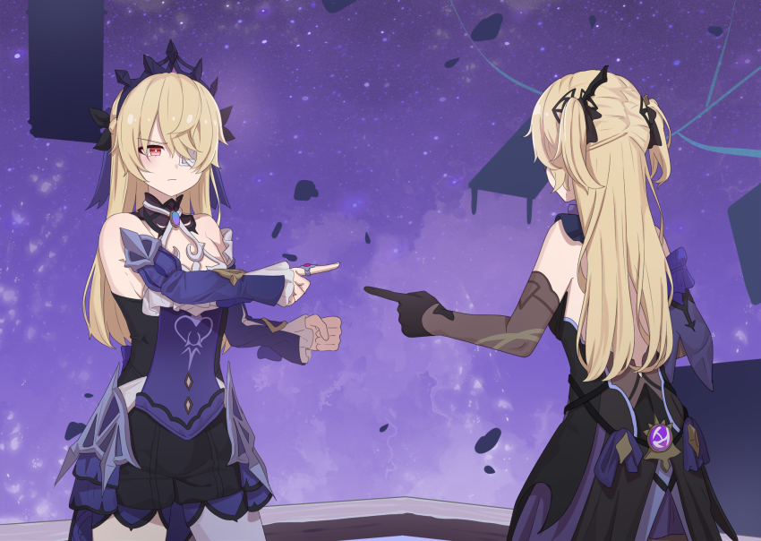 2girls, bare_shoulders, black_bow, black_dress, black_gloves, black_shorts, blonde_hair, blue_bow