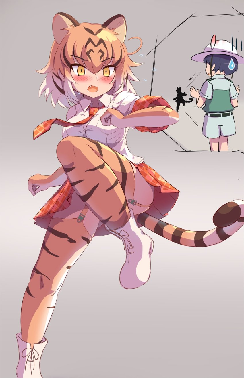 1girl, 2girls, animal_ears, animal_print, black_hair, blush, captain_(kemono_friends), collared_shirt, commentary_request, fangs, flying_sweatdrops, garter_straps, helmet, highres, kemono_friends, kemono_friends_3, khakis, koutsuu_(koutuukanseikan), multiple_girls, necktie, open_mouth, pith_helmet, plaid_clothes, plaid_necktie, plaid_skirt, plaid_trim, pleated_skirt, print_thighhighs, red_necktie, red_skirt, shirt, short_hair, short_sleeves, shorts, skirt, solo, t-shirt, tail, thighhighs, tiger_(kemono_friends), tiger_ears, tiger_girl, tiger_print, tiger_tail, uniform, white_shirt, yellow_eyes, zettai_ryouiki