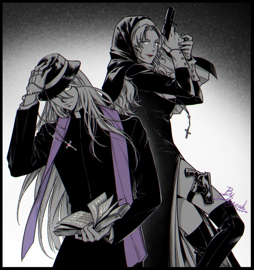 1boy, 1girl, blue_eyes, book, boots, border, breasts, clerical_collar