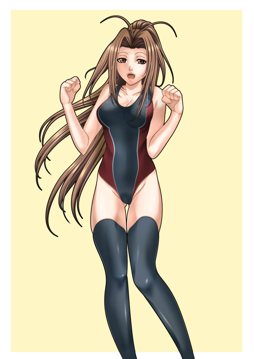 1girl, antenna_hair, breasts, brown_eyes, brown_hair, competition_swimsuit, female_focus, highres