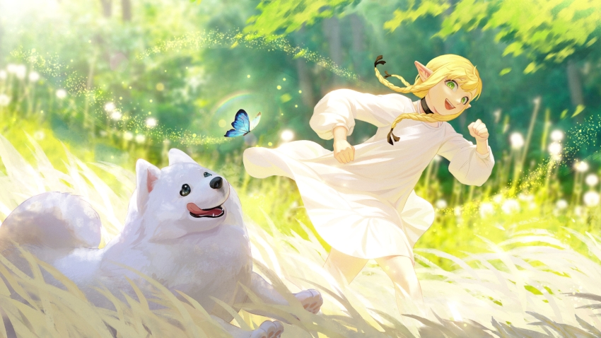 1girl, :d, absurdres, blonde_hair, blue_butterfly, braid, braided_ponytail, bug