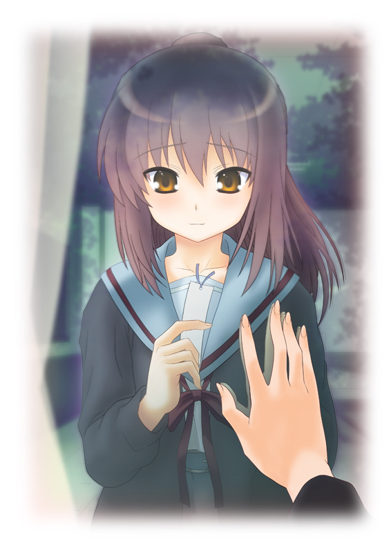 10s, 1girl, bookmark, brown_eyes, brown_hair, cardigan, female_focus, funen_gomi, genderswap, genderswap_(mtf), kyonko, long_hair, ponytail, pov, reflection, school_uniform, serafuku, solo, suzumiya_haruhi_no_shoushitsu, suzumiya_haruhi_no_yuuutsu