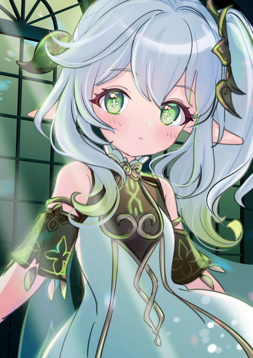1girl, absurdres, bare_shoulders, blush, dress, elf, genshin_impact, green_eyes, hair_ornament, highres, nahida_(genshin_impact), pointy_ears, side_ponytail, symbol-shaped_pupils, white_dress, white_hair, window, yunosuke_kon