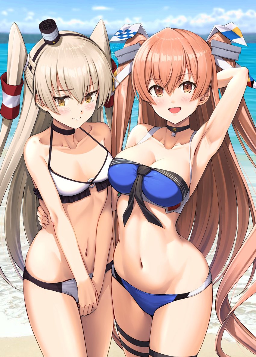 2girls, amatsukaze_(kancolle), amatsukaze_(swimsuit)_(kancolle), beach, bikini, black_choker, blue_bikini, blue_sky