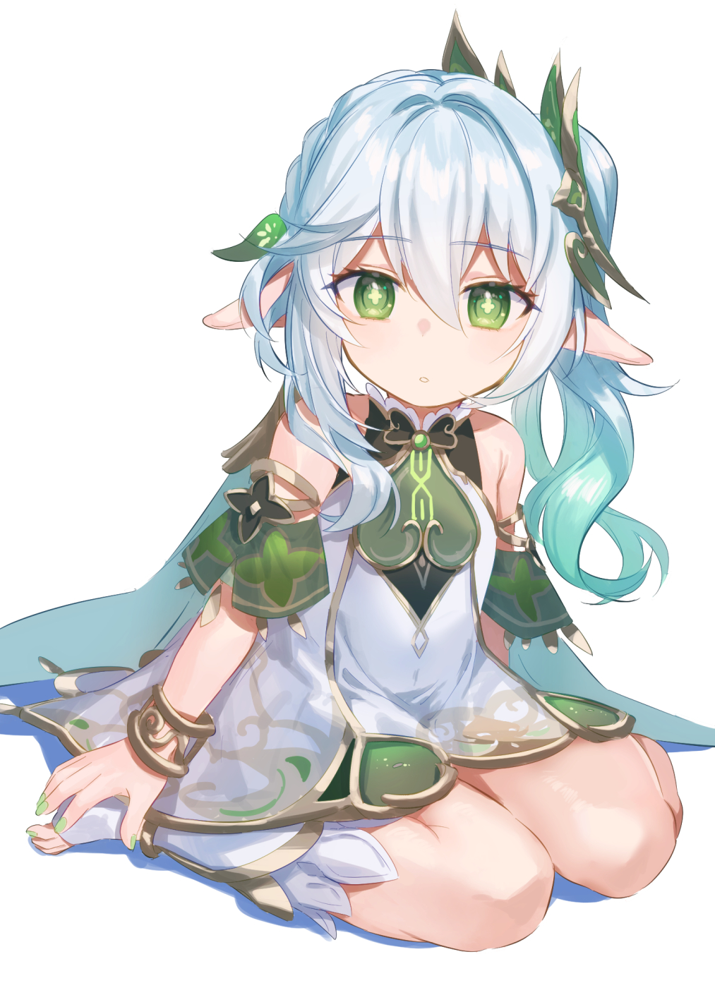 1girl, :o, bare_shoulders, dress, elf, feet, genshin_impact, green_eyes, green_nails, hair_ornament, highres, hitsujike_(hamsterhouse), nahida_(genshin_impact), looking_at_viewer, nail_polish, open_mouth, pointy_ears, seiza, side_ponytail, sitting, solo, symbol-shaped_pupils, toeless_legwear, toes, white_background, white_dress, white_hair