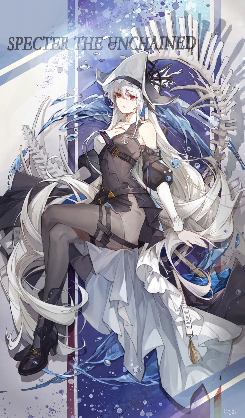 1girl, arknights, bare_shoulders, black_boots, black_headwear, boots, breasts, character_name, crossed_legs, grey_pantyhose, hair_between_eyes, high_heel_boots, high_heels, highres, long_hair, long_sleeves, medium_breasts, pantyhose, red_eyes, sitting, solo, specter_(arknights), specter_the_unchained_(arknights), thigh_strap, thighs, tujichazha, very_long_hair, white_hair