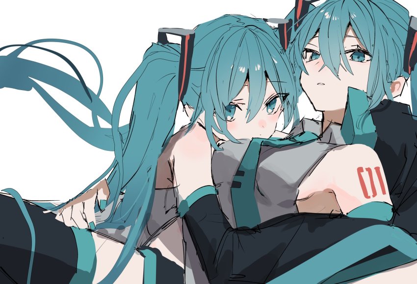 2girls, arm_around_another's_waist, blue_eyes, blue_hair, blue_necktie, breasts, clone, detached_sleeves
