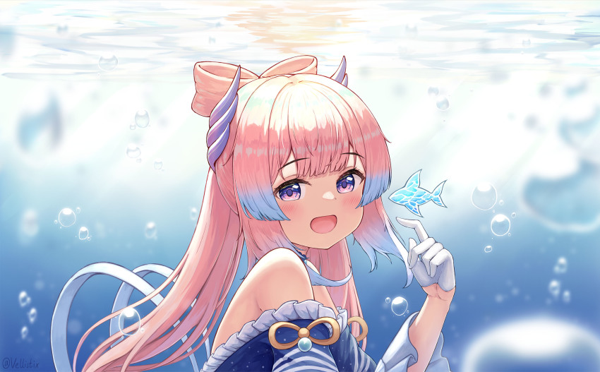 1girl, :d, air_bubble, bare_shoulders, blue_hair, blunt_bangs, bubble, frills