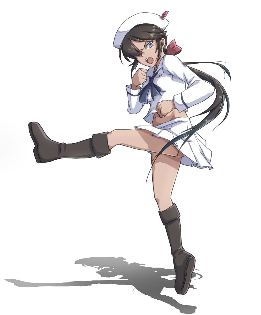 1girl, acchan, black_eyes, black_hair, black_neckerchief, blouse, boots, bow