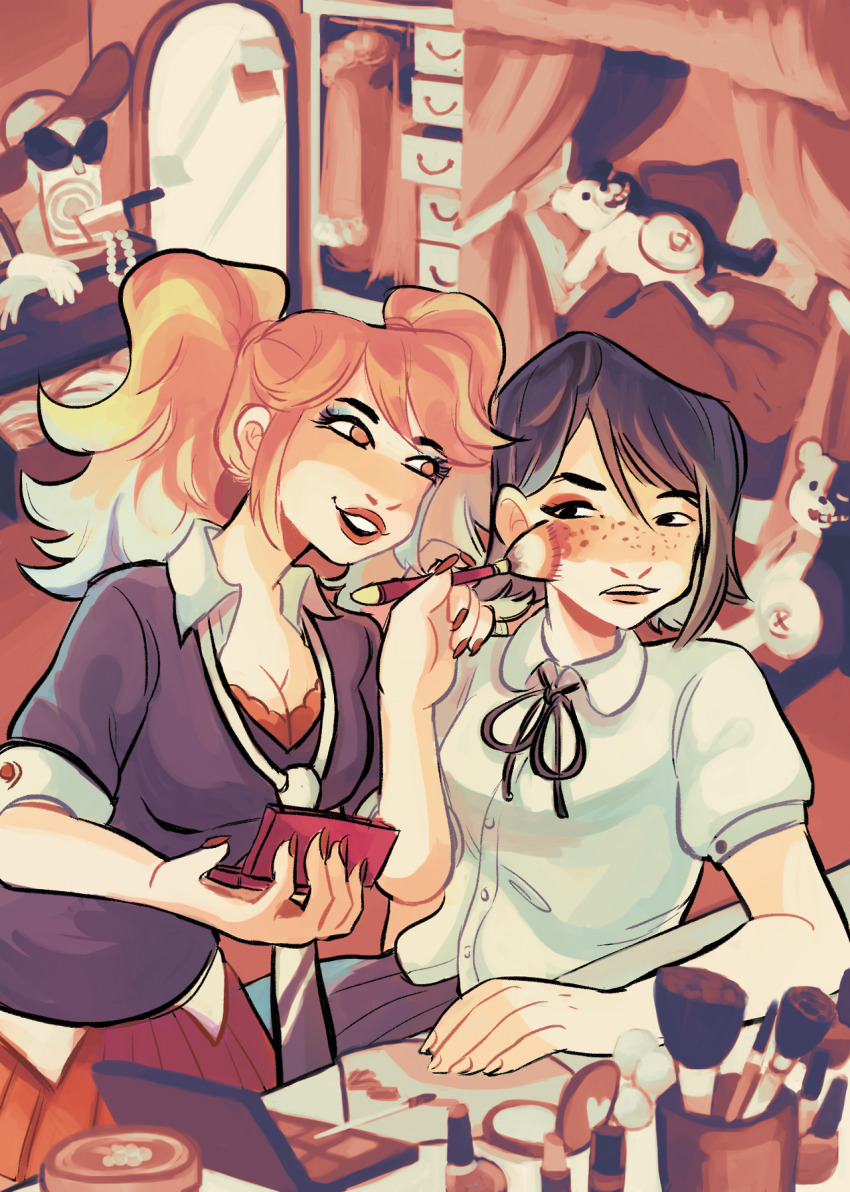 2girls, applying_makeup, bed, bedroom, black_bow, black_eyes, black_hair, black_ribbon