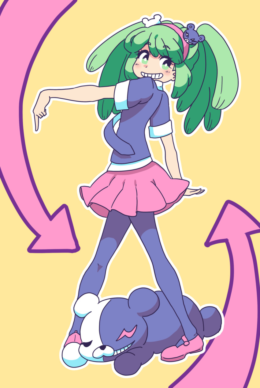 1girl, alternate_costume, arrow_(symbol), arrow_background, bear_hair_ornament, black_footwear, black_legwear, black_shirt