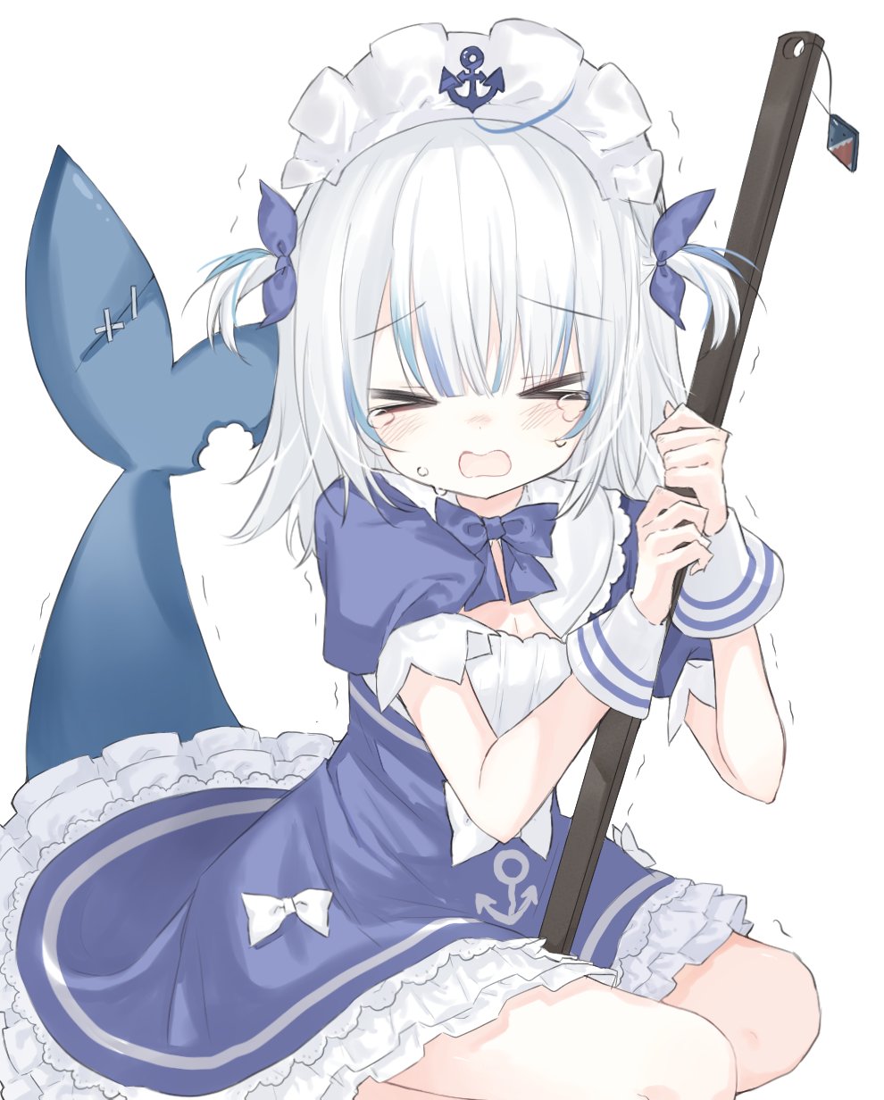 1girl, anchor_print, anchor_symbol, blue_bow, blue_bowtie, blue_dress, blue_hair, blunt_bangs