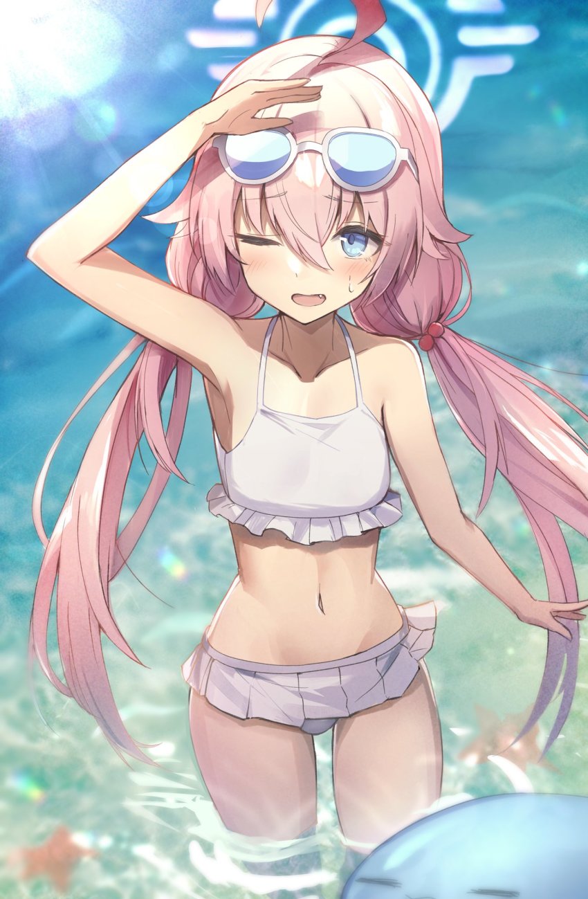 1girl, ahoge, arm_up, bare_shoulders, bikini, bikini_skirt, blue_archive, blue_eyes, blush, eyewear_on_head, fang, frilled_bikini, frills, groin, hair_bobbles, hair_ornament, halo, highres, hoshino_(blue_archive), hoshino_(swimsuit)_(blue_archive), inflatable_toy, kagerou_(gigayasoma), long_hair, low_twintails, navel, one_eye_closed, open_mouth, pink_hair, shading_eyes, solo, standing, sunglasses, sunlight, sweat, swimsuit, twintails, wading, water, white_bikini