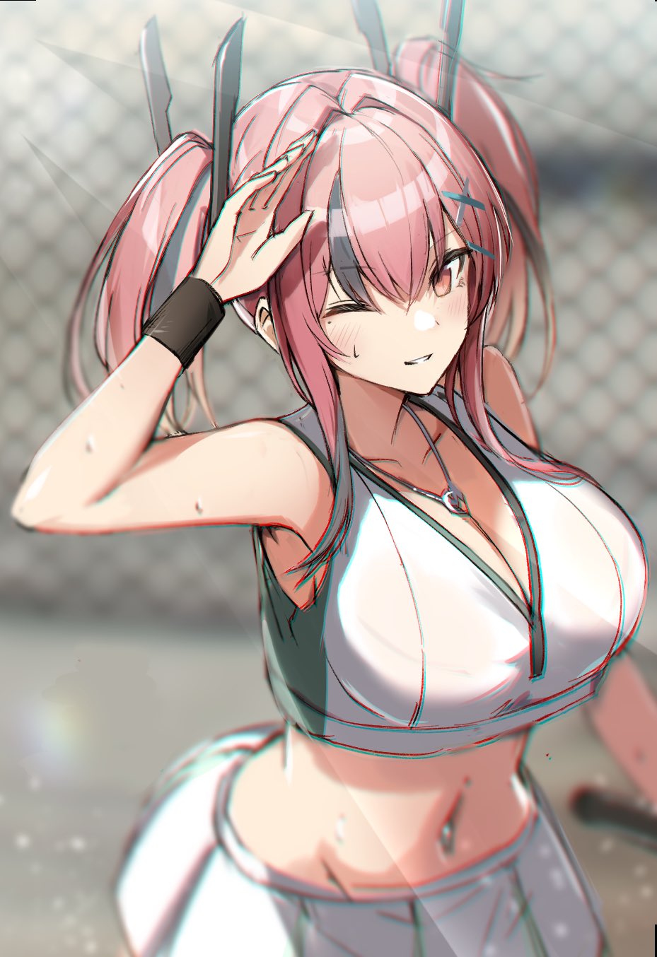 1girl, azur_lane, bare_shoulders, blurry, blush, breasts, bremerton_(azur_lane), bremerton_(scorching-hot_training)_(azur_lane)