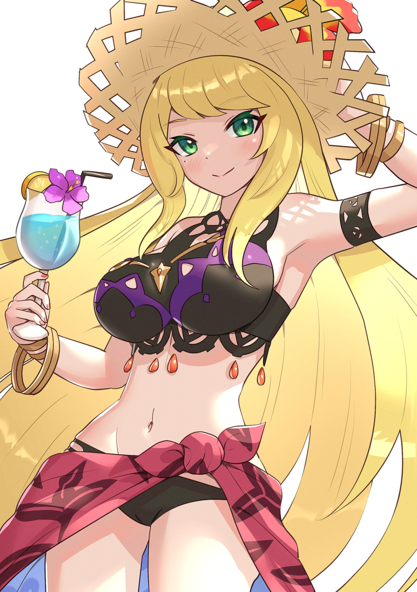 alternate_hairstyle, bare_shoulders, bikini, blonde_hair, breasts, chelle_(dragalia_lost), chelle_(summer)_(dragalia_lost), cup, dragalia_lost, food, fruit, gonzarez, green_eyes, hat, highres, holding, holding_cup, large_breasts, lemon, lemon_slice, long_hair, looking_at_viewer, official_alternate_costume, smile, straw_hat, swimsuit