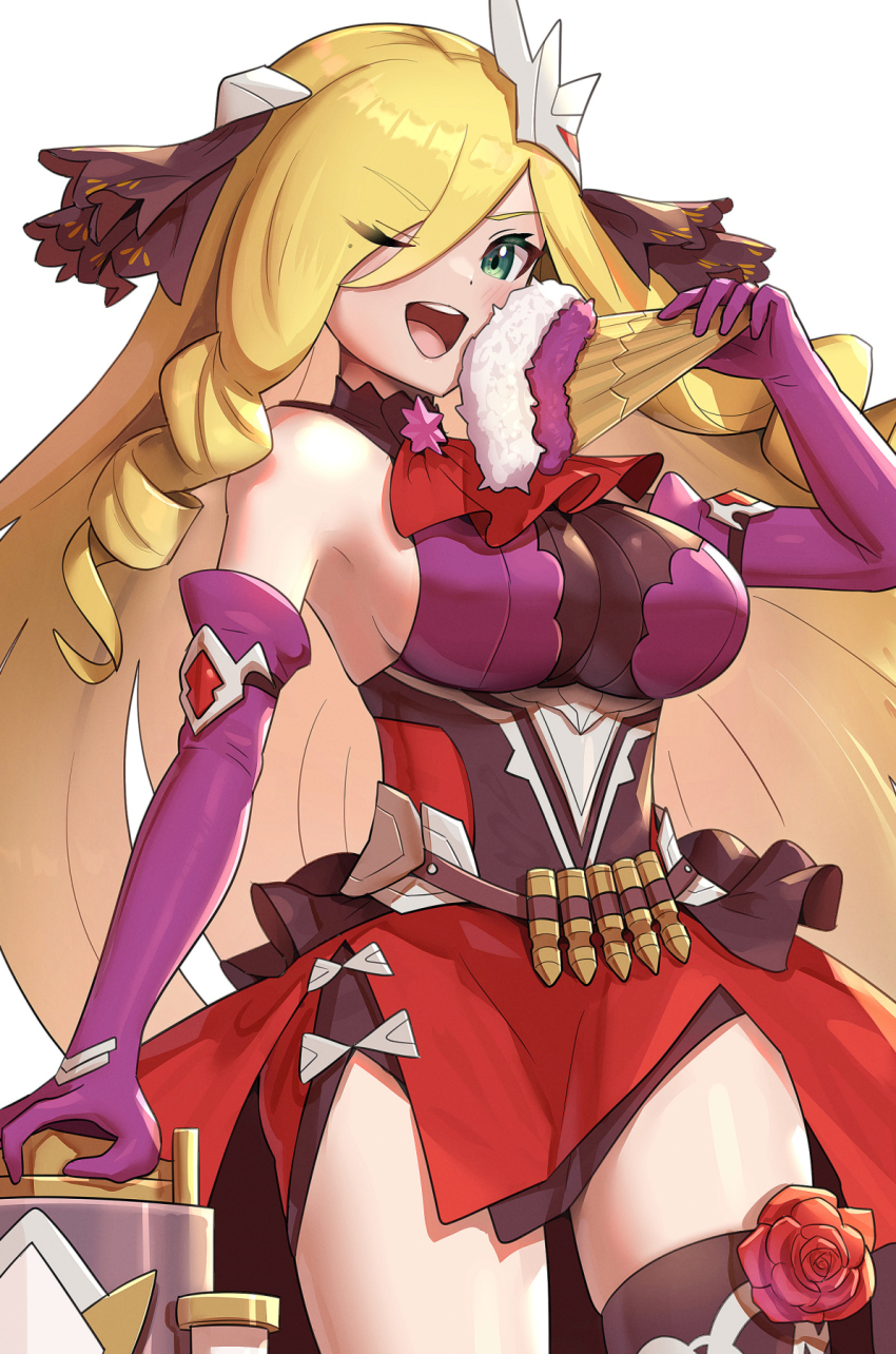 bare_shoulders, blonde_hair, breasts, bullet, chelle_(dragalia_lost), chelle_(gala)_(dragalia_lost), detached_sleeves, dragalia_lost, drill_hair, folding_fan, gloves, gonzarez, green_eyes, hair_ornament, hand_fan, highres, holding, holding_fan, large_breasts, long_hair, looking_at_viewer, official_alternate_costume, open_mouth, purple_gloves, solo, thighhighs, turtleneck, upper_body