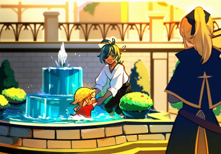 1boy, 2girls, antenna_hair, black_pants, blonde_hair, blue_hair, capelet, child