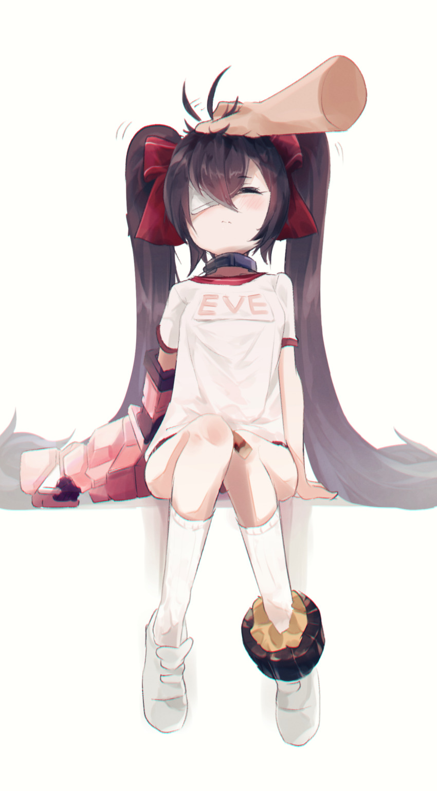 1girl, afterimage, ahoge, alchemy_stars, ankle_cuffs, black_hair, blush, character_name, closed_eyes, closed_mouth, collar, disembodied_hand, eve_(alchemy_stars), eve_(rediesel_wrench_treasure)_(alchemy_stars), eyepatch, headpat, highres, invisible_chair, kneehighs, long_hair, mechanical_arms, mer_(mer3in), prosthesis, prosthetic_arm, rope, shirt, shoes, short_sleeves, single_mechanical_arm, sitting, socks, twintails, white_footwear, white_shirt, white_socks