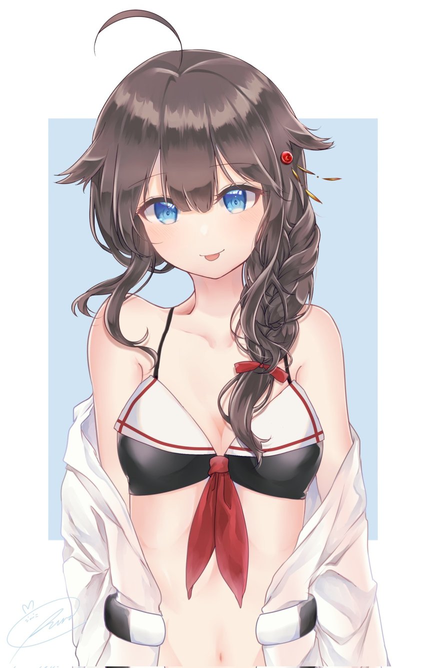 1girl, :p, ahoge, bare_shoulders, bikini, black_hair, blue_eyes, braid, breasts, cleavage, collarbone, commentary_request, hair_flaps, hair_ornament, hair_over_shoulder, highres, kanameruri, kantai_collection, navel, official_alternate_costume, sailor_bikini, sailor_collar, shigure_(kancolle), shigure_kai_ni_(kancolle), single_braid, solo, tongue, tongue_out, upper_body