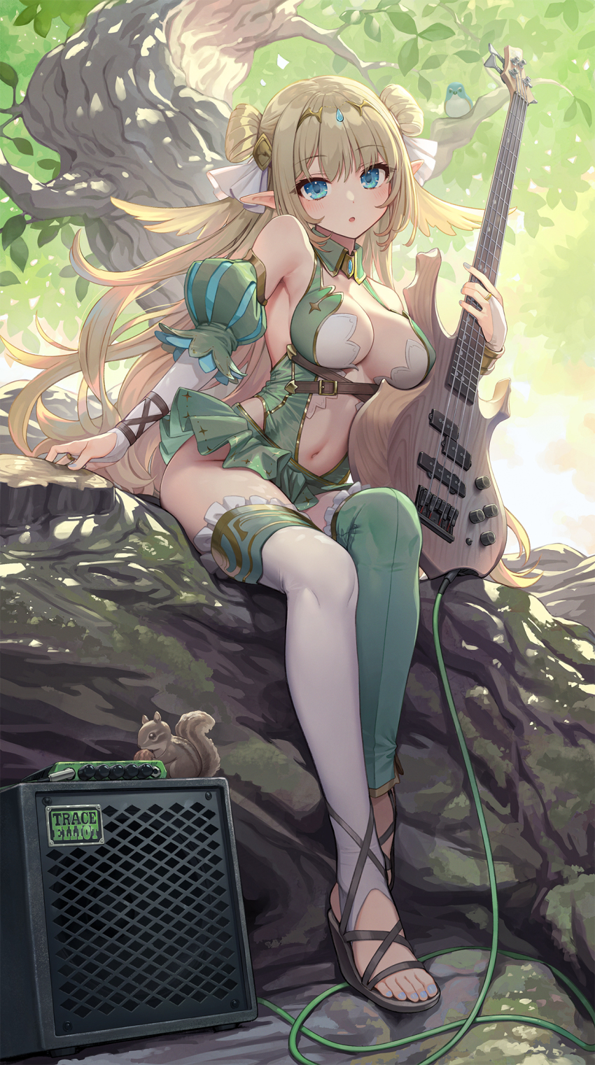 1girl, :o, amplifier, asymmetrical_legwear, bare_shoulders, bass_guitar, blonde_hair, blue_eyes, breasts, bridal_gauntlets, center_opening, cleavage, clothing_cutout, detached_sleeves, double_bun, elf, frilled_thighhighs, frills, gold_trim, green_skirt, green_thighhighs, hair_bun, hair_ornament, highres, holding, instrument, kaito_(k4itoh), large_breasts, long_hair, looking_at_viewer, microskirt, mismatched_legwear, nail_polish, navel, open_mouth, original, pj_bass, pointy_ears, puffy_sleeves, revealing_clothes, sandals, side_cutout, sitting, skirt, solo, stirrup_legwear, stomach, thighhighs, thighs, toeless_legwear, tree, very_long_hair, white_thighhighs, wing_collar