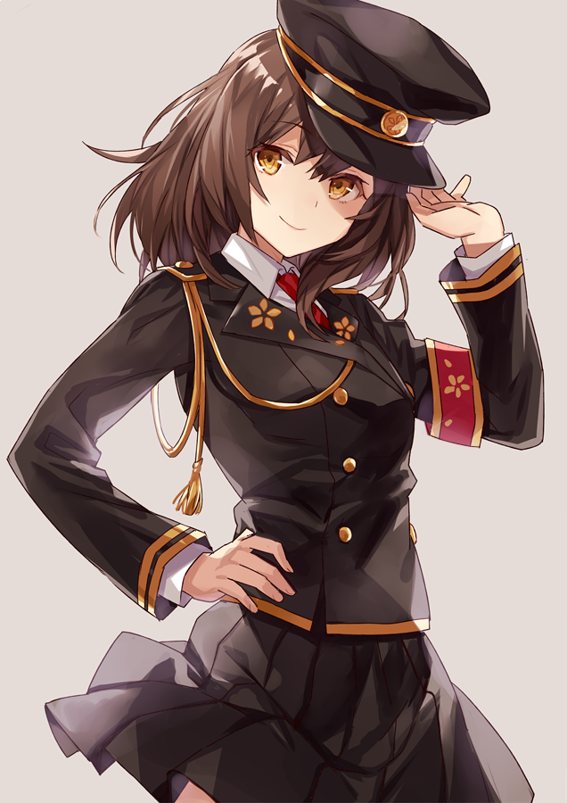 1girl, ayazuki_mei, black_hat, black_shirt, black_skirt, brown_hair, buttons, closed_mouth