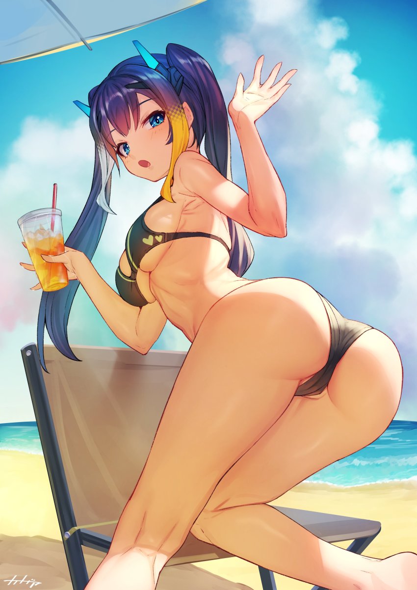 1girl, absurdres, arpeggio_kaga, ass, bad_id, bad_twitter_id, bare_arms, bare_shoulders, beach, bikini, black_bikini, blue_eyes, blue_hair, breasts, chair, cup, day, displayer, disposable_cup, feet_out_of_frame, folding_chair, from_behind, hands_up, highres, holding, horns, kneepits, long_hair, looking_at_viewer, looking_back, medium_breasts, multicolored_hair, open_mouth, outdoors, rinka_raizenbain, solo, sunlight, swimsuit, thighs, twintails, twisted_torso, two-tone_hair, virtual_youtuber