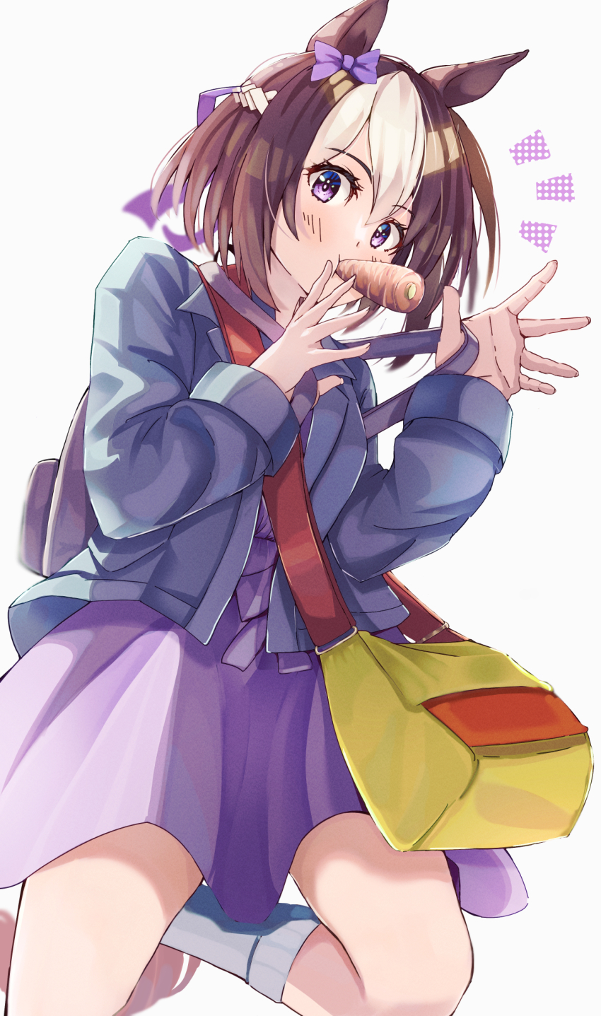 1girl, aiou0413, animal_ears, backpack, bag, blue_jacket, bow, brown_hair