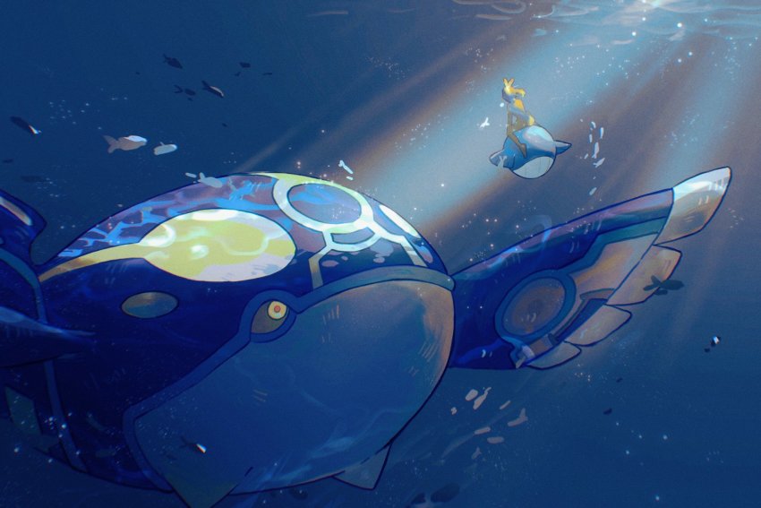 1girl, bow_hairband, closed_mouth, colored_sclera, commentary_request, fish, gen_3_pokemon, grey_sclera