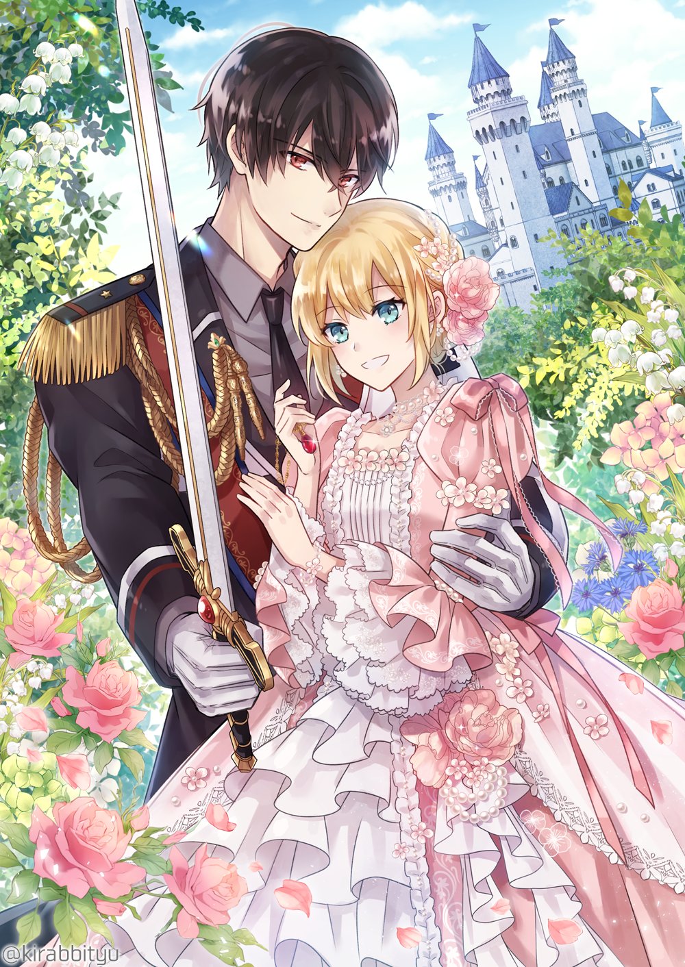 1boy, 1girl, :d, aiguillette, black_hair, black_jacket, black_necktie, blonde_hair