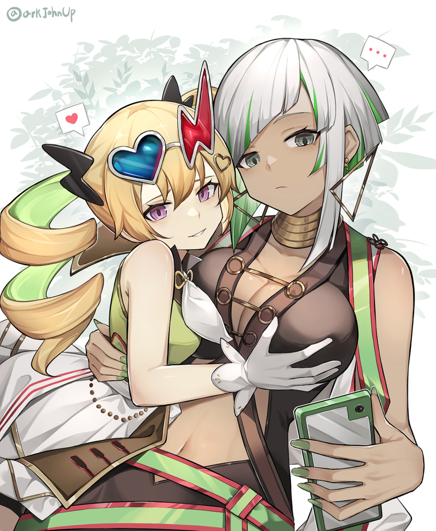 ..., 2girls, ark_john_up, blonde_hair, breasts, cellphone, cleavage, clothing_cutout