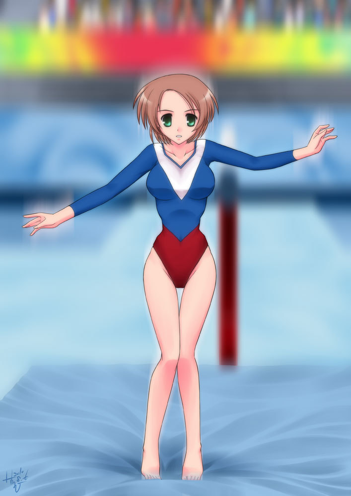 1girl, aqua_elf, athletic_leotard, balance_beam, balancing, blurry, blurry_background, breasts