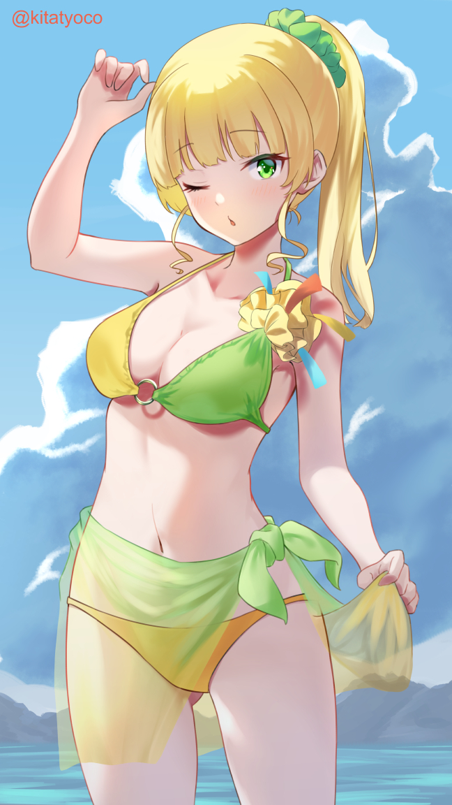 1girl, ;o, arm_up, bikini, blonde_hair, blue_sky, breasts, cowboy_shot
