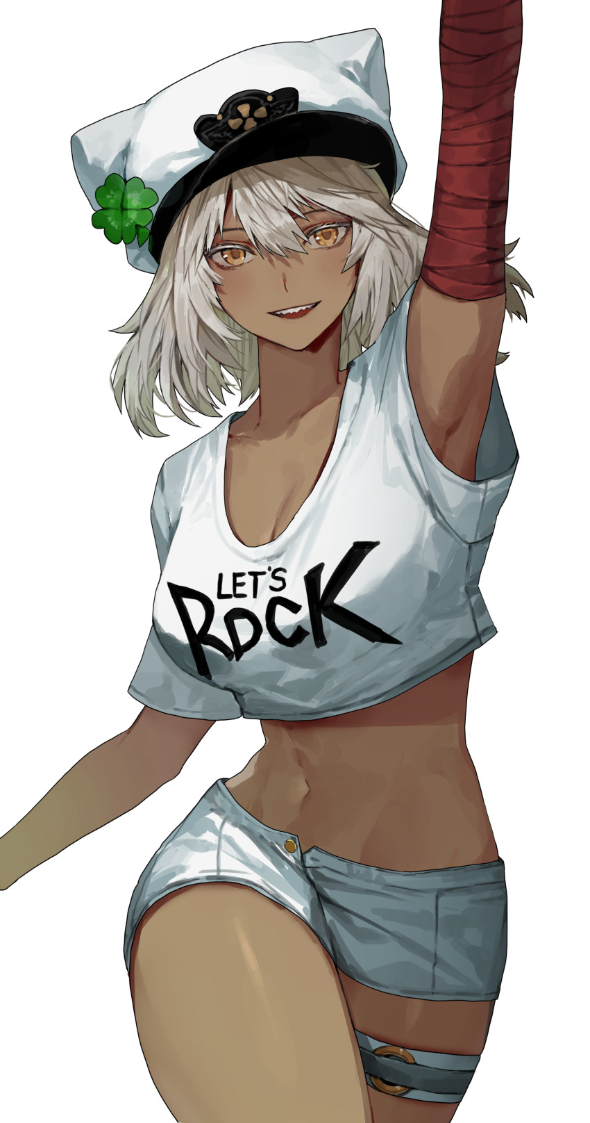 1girl, absurdres, arm_up, arm_wrap, armpits, breasts, carol0905, cleavage, clothes_writing, clover, collarbone, crop_top, dark-skinned_female, dark_skin, feet_out_of_frame, grin, guilty_gear, guilty_gear_strive_x_tower_records, hair_between_eyes, hat, highres, large_breasts, medium_hair, midriff, navel, official_alternate_costume, open_mouth, orange_eyes, ramlethal_valentine, short_sleeves, shorts, simple_background, smile, solo, standing, teeth, thighs, upper_teeth_only, white_background, white_hair, white_hat