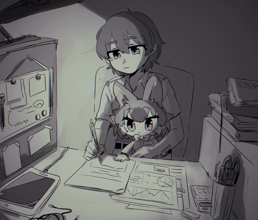 1boy, 1girl, animal_ears, brown_hair, captain_(kemono_friends), chair, chibi, desk, dhole_(kemono_friends), dog_ears, dog_girl, graph, highres, indoors, kemono_friends, kemono_friends_3, khakis, paper, paper_stack, papers, paperwork, pen, short_hair, sisikemo123, sitting, sitting_on_lap, sitting_on_person, tablet_pc