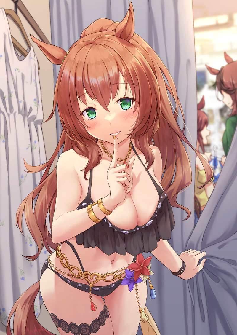 1girl, animal_ears, bikini, black_bikini, blurry, blurry_background, bracelet, breasts