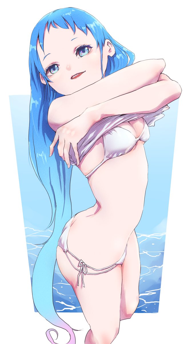 1girl, bikini, blue_eyes, blue_hair, breasts, feet_out_of_frame, gradient_hair, highres