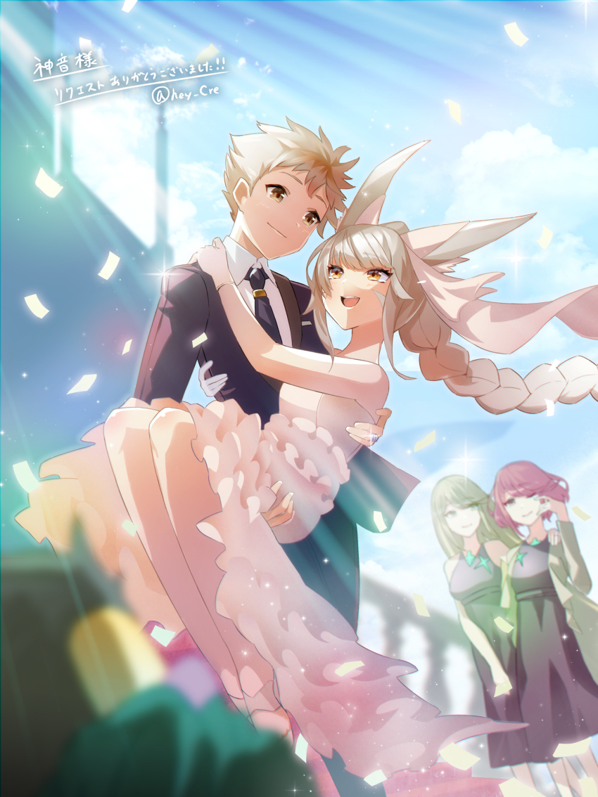 1boy, animal_ears, blunt_bangs, bride, cat_ears, dress, formal_clothes, gloves