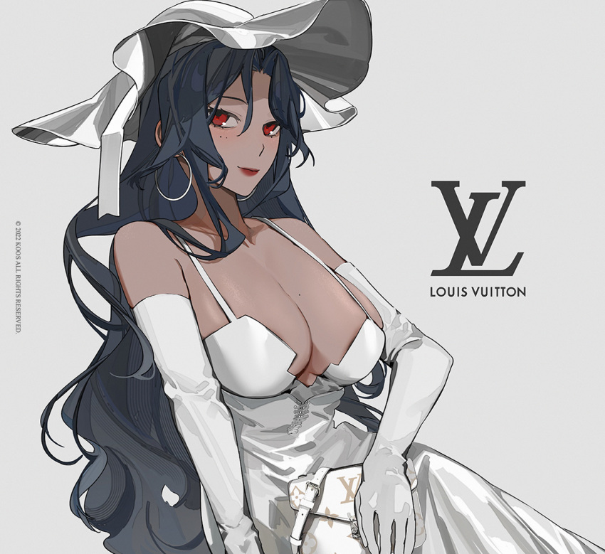 1girl, bag, black_hair, blush, breasts, cleavage, closed_mouth, copyright_name, dark-skinned_female, dark_skin, detached_sleeves, dress, earrings, gradient_hair, grey_hair, handbag, hat, hoop_earrings, jewelry, k00s, large_breasts, logo, long_hair, looking_at_viewer, louis_vuitton_(brand), mature_female, mole, mole_on_breast, mole_under_eye, multicolored_hair, nijisanji, nijisanji_en, red_eyes, scarle_yonaguni, sleeveless, smile, solo, sun_hat, virtual_youtuber, wavy_hair, white_background, white_bag, white_dress, white_hat, white_sleeves